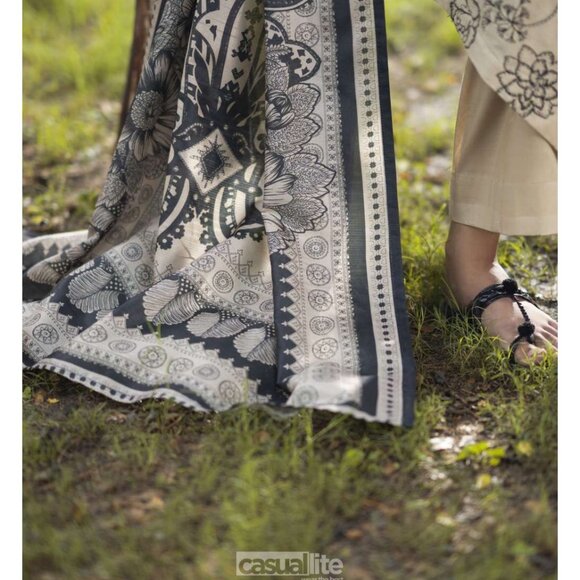 Pakistani Casualite Khamoshi Embroidered Linen Beige Black 3pc suit - Picture 8 of 9